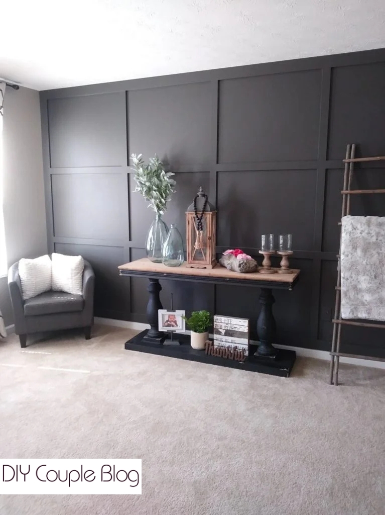 DIY full wall board and batten grid design with farmhouse decorations 