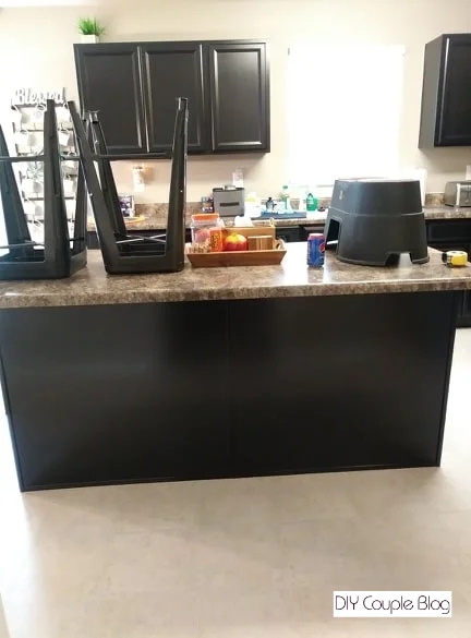 the front view of the island where shiplap is going 