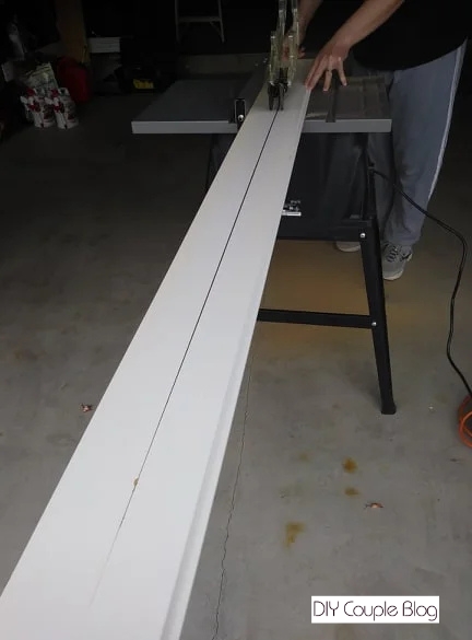 ripped board on the table saw for a shiplap kitchen island 