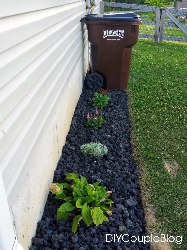 landscaping on the side of the house with the garbage can to make it less of an eyesore