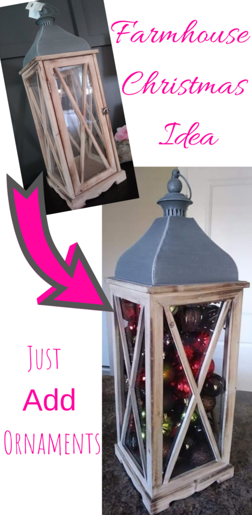 christmas lantern filled with ornaments for christmas farmhouse decor