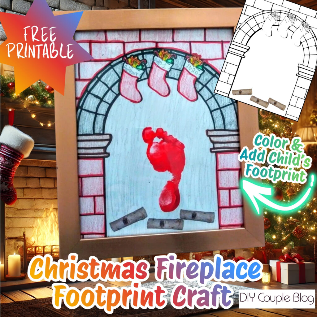 winter cozy fireplace Christmas craft coloring page to make footprint art