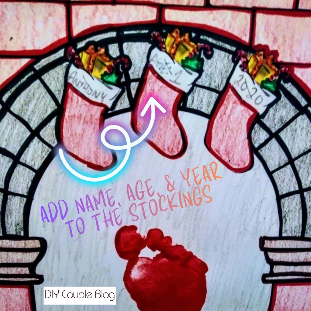 close-up of toddler footprint fireplace craft for Christmas 