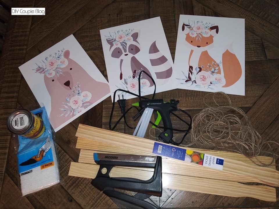 supplies laying out to craft woodland nursery decor