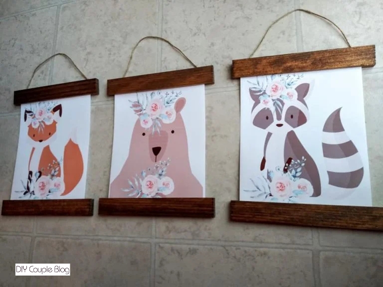 DIY printable fox, bear, and raccoon wall art with a floral design for girl nursery