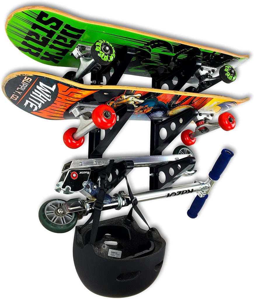 garage wall storage skis, skateboard, scooter, snowboard