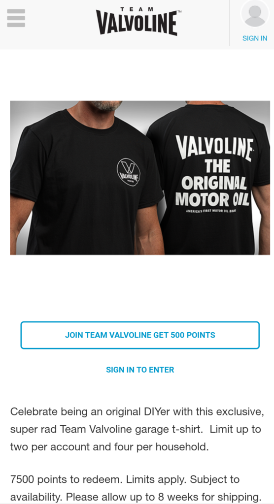 valvoline t shirt you can earn with points