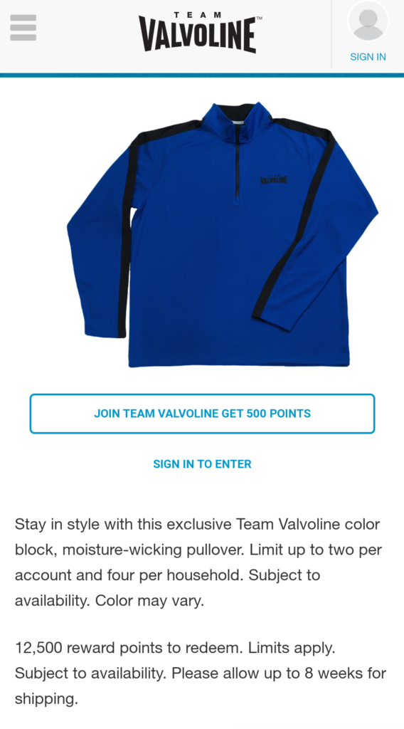 valvoline pullover free with points