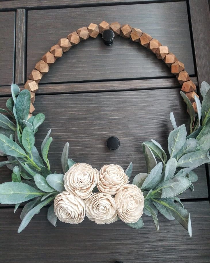 lambs ear, sola flowers, and beads on a wreath