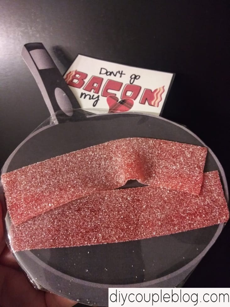 up close view up bacon valentine with candy strips