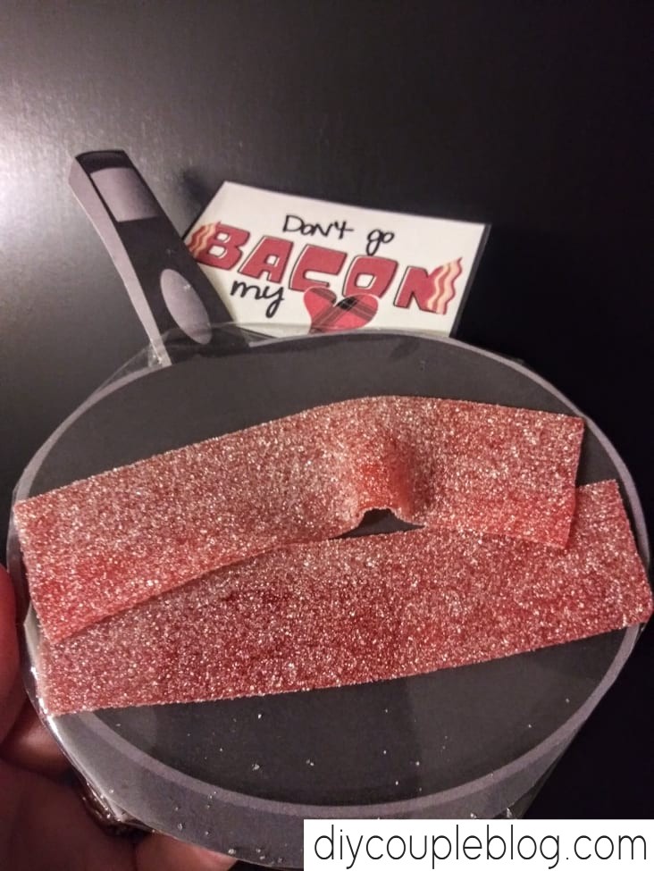 pun valentine with candy as bacon strips