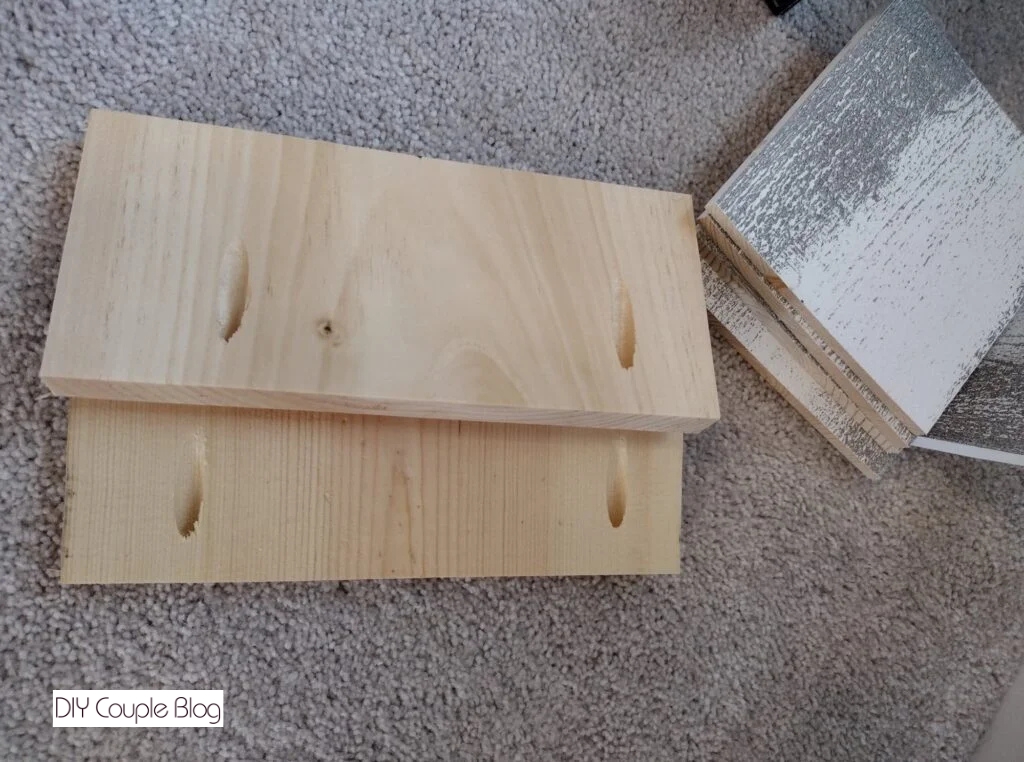 small pieces of wood with pocket holes and rustic barnwood premade planks