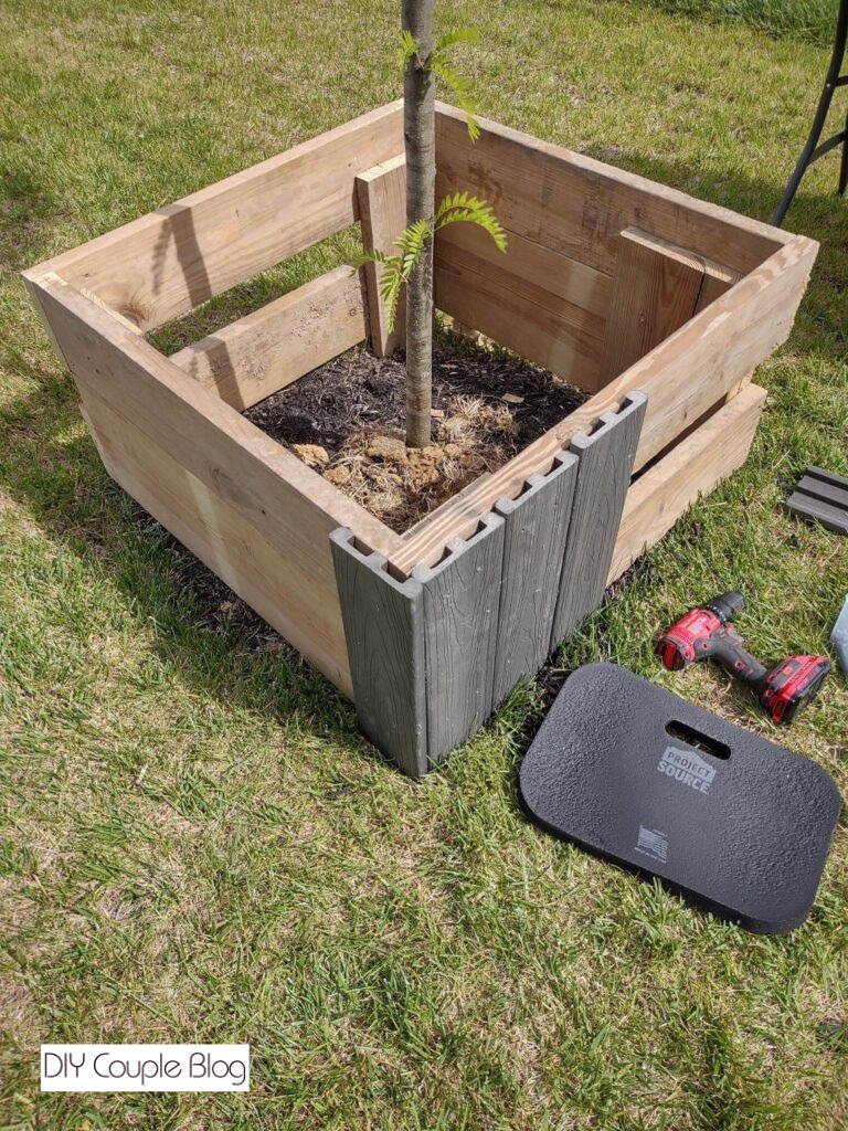 attaching the composite decking boards for planter around tree