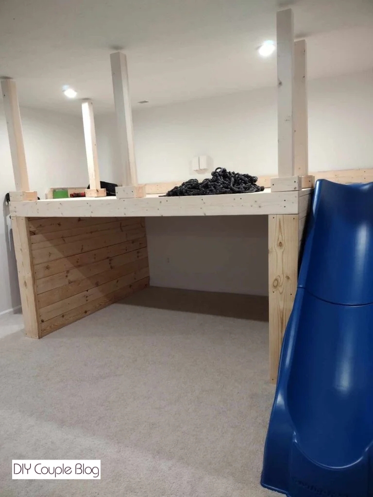 showing the wood jungle gym with all the posts completed 