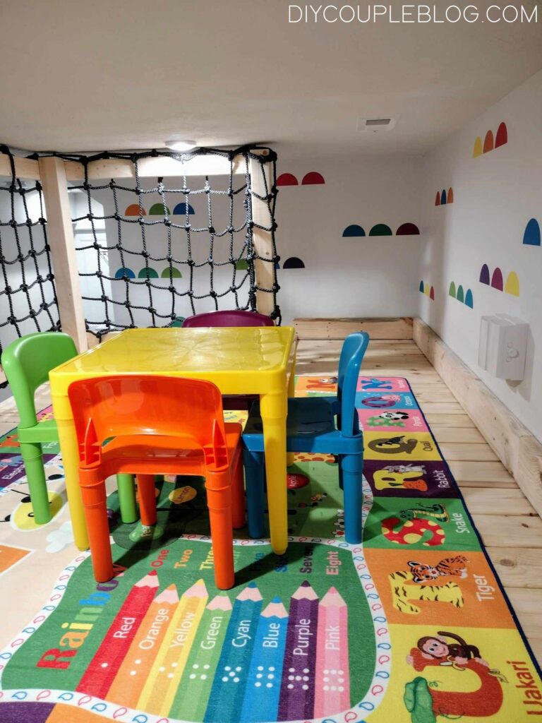 colorful playroom with bright color rug and walls