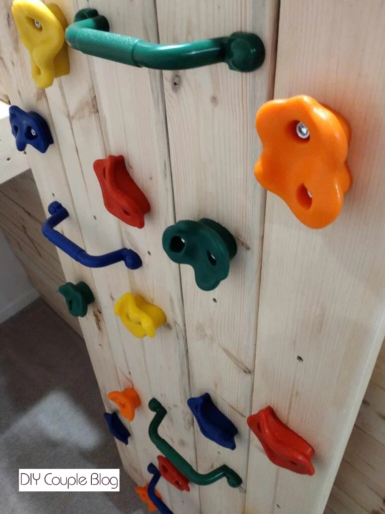 close-up of the wood platform diy climbing wall 