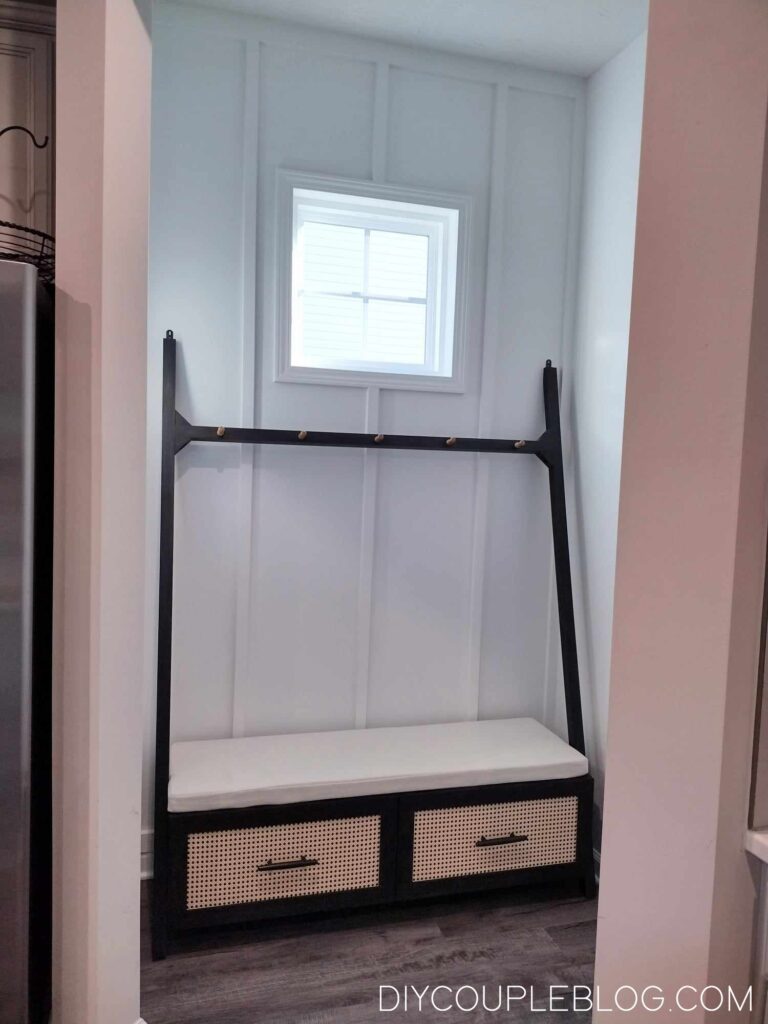 full view of our mudroom after finishing up the board and batten wall and building hall tree