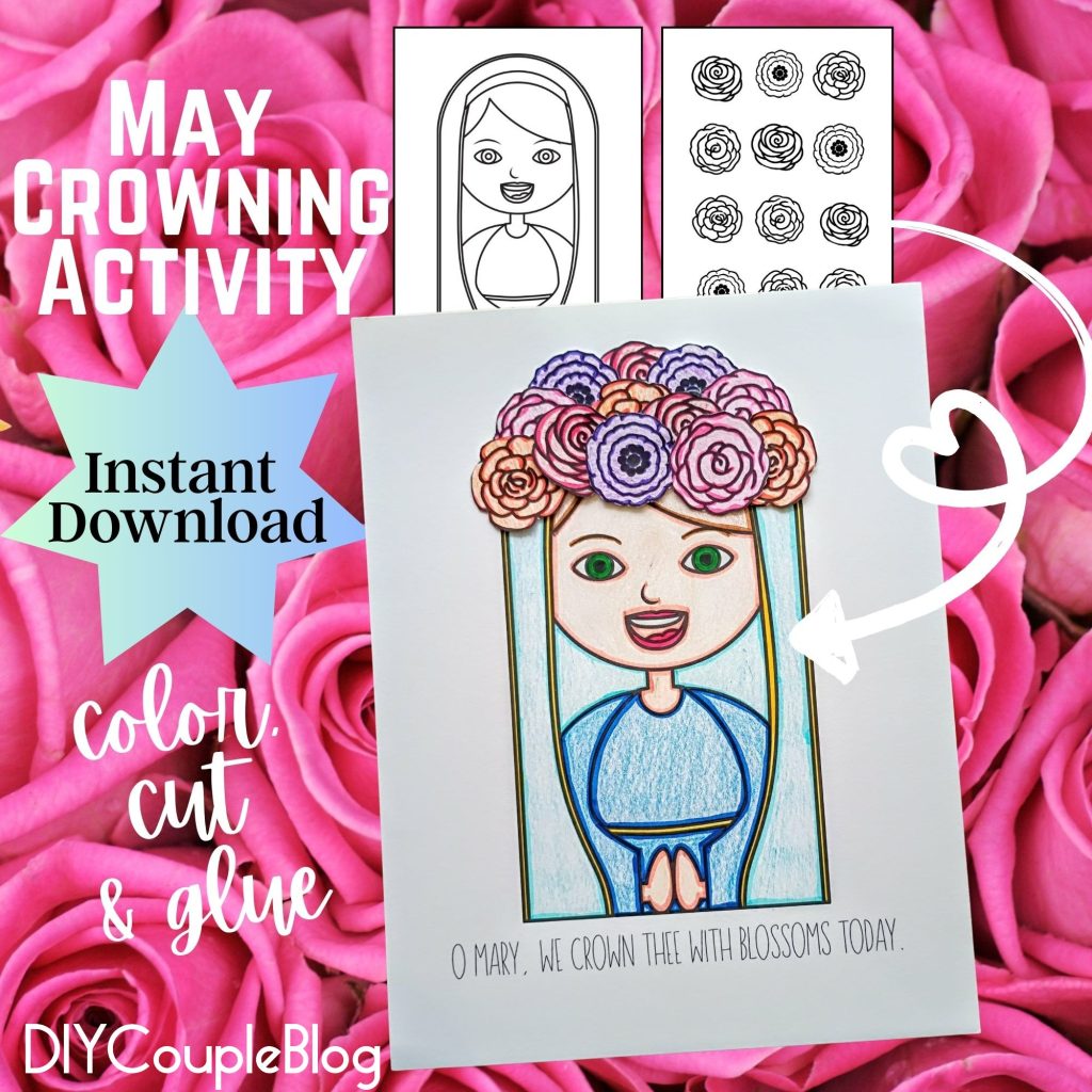 May Crowning Catholic free printable craft idea, featuring a digital download for kids to color and adorn mother mary in flowers on her head