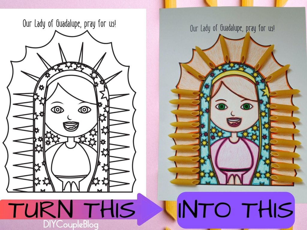 Our lady of Guadalupe craft coloring page for kids featuring pasta noodles to apply to her rays