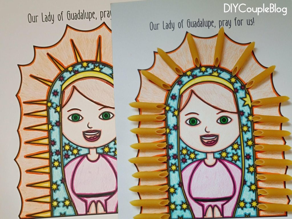 free printable catholic coloring page of our lady of Guadalupe craft activity using pasta noodles