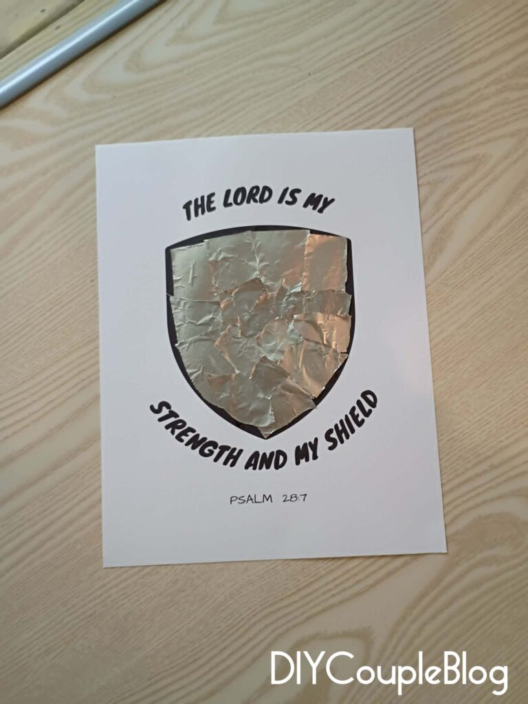 armor of God printable PDF with torn up pieces of aluminum foil to fill the inside to look like metal