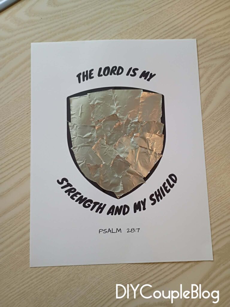 shield of faith armor shield for Christian with applied torn pieces of aluminum foil