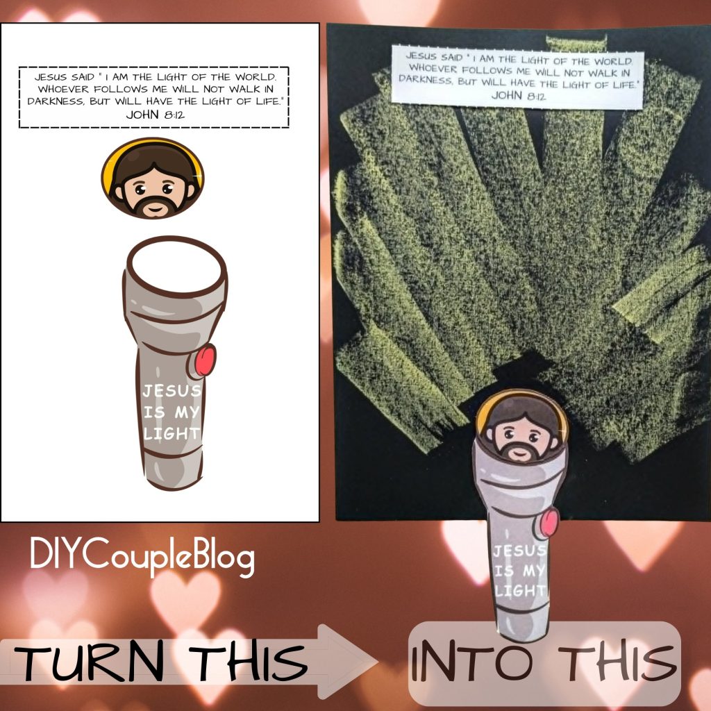 easy sunday school or vacation bible school craft for kids where they can use our printable to make chalk art and Jesus as their flashlight 