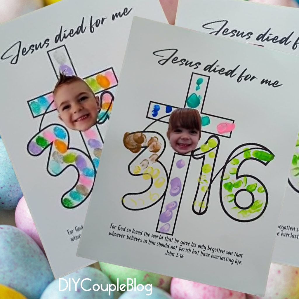 finished John 3:16 fingerprint cross craft styled as a personalized keepsake gift for kids.