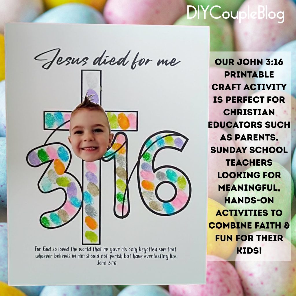 personalized photo bible craft to introduce kids to the bible verse John 3:16, a craft activity they can apply their fingerprints to a printable 
