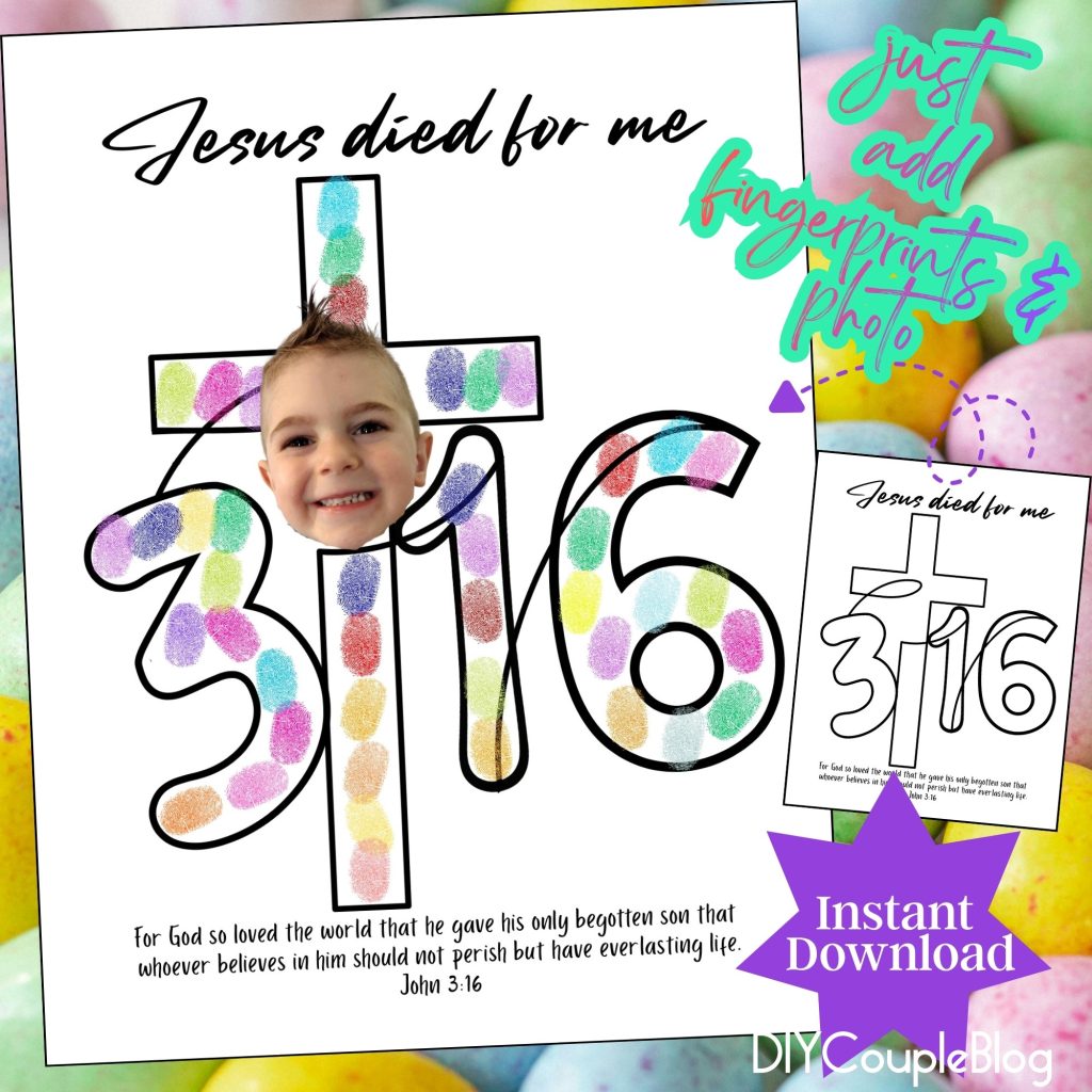 fingerprint cross craft for kids featuring child's photo featuring John 3:16 scripture verse 