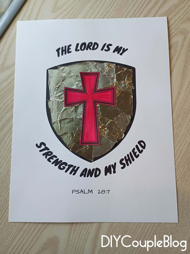 Shield of faith printable with torn aluminum foil and cross colored red