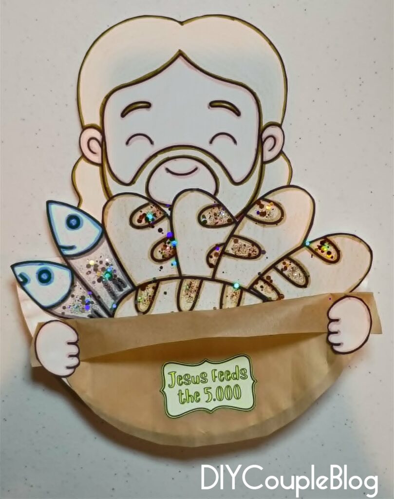 feeding 5000 craft with Jesus holding a basket with 2 fish and 5 loaves 