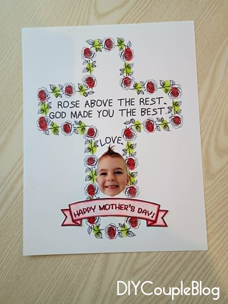 Mother's day printable cross made up of roses with child's photo and fingerprints