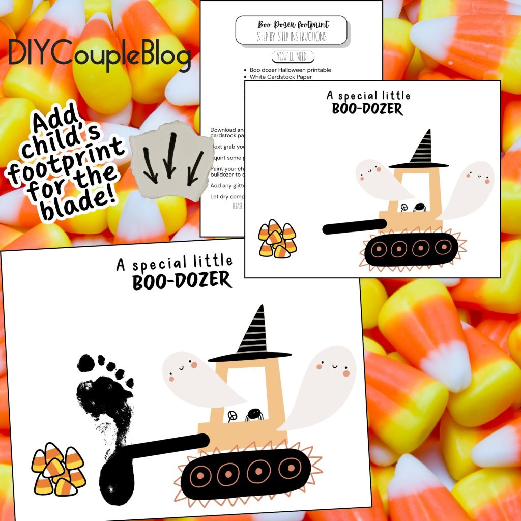 Halloween footprint art, a fun and engaging footprint craft with ghosts and Halloween theme bulldozer aka boo dozer