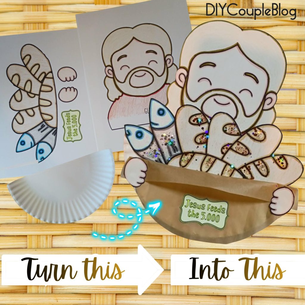 Jesus feeds the 5,000 paper plate craft for kids includes free printable images to color