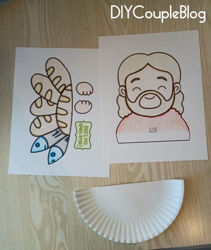 printable loaves and fishes craft activity colored with crayons and a cut in half paper plate