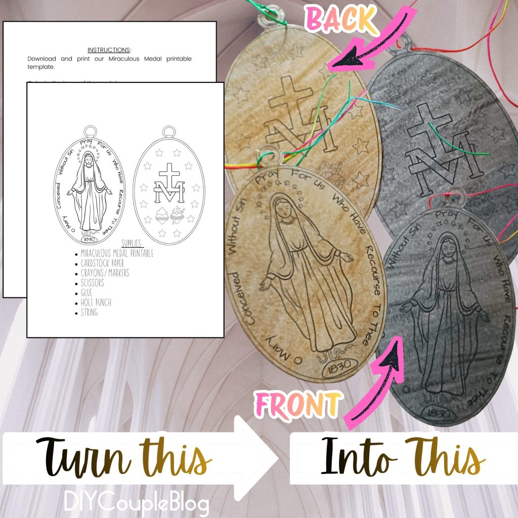 DIY paper Miraculous medal necklace craft, Catholic Mary Necklace to color. 