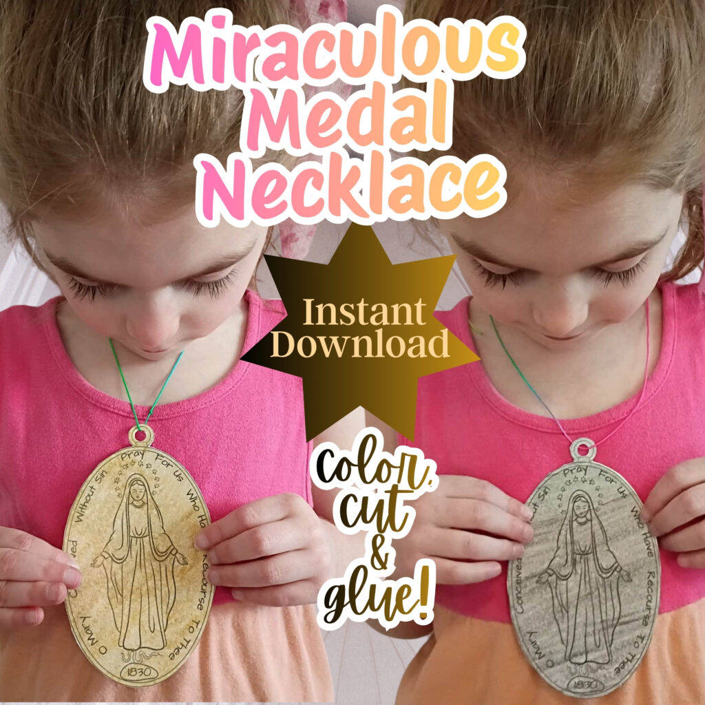 girl holding Catholic printable DIY Miraculous medal necklace