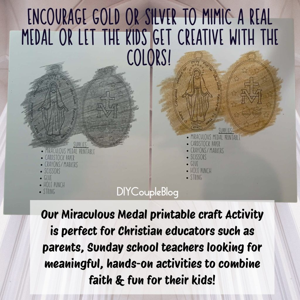 child coloring and cutting out a paper miraculous medal necklace catholic printable. 