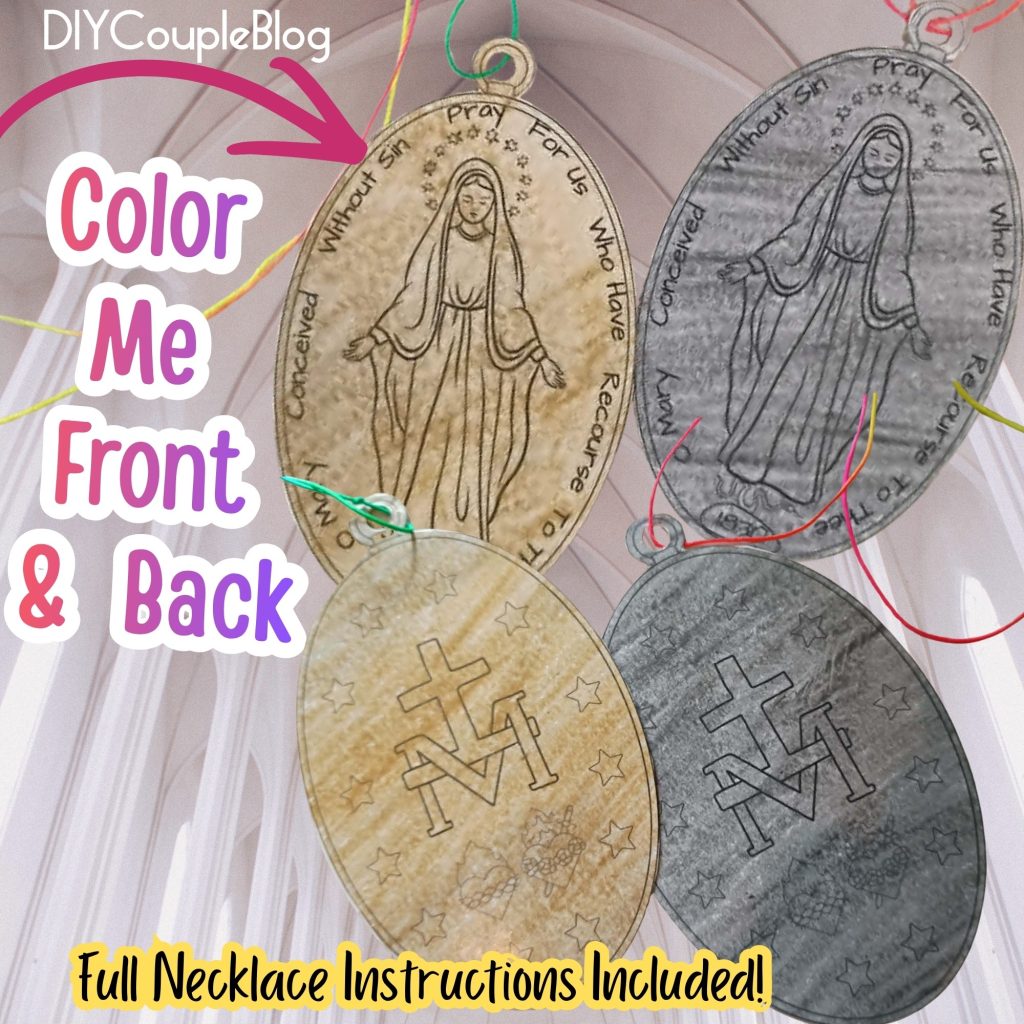 free printable miraculous medal craft template for kids to color and wear as a necklace.