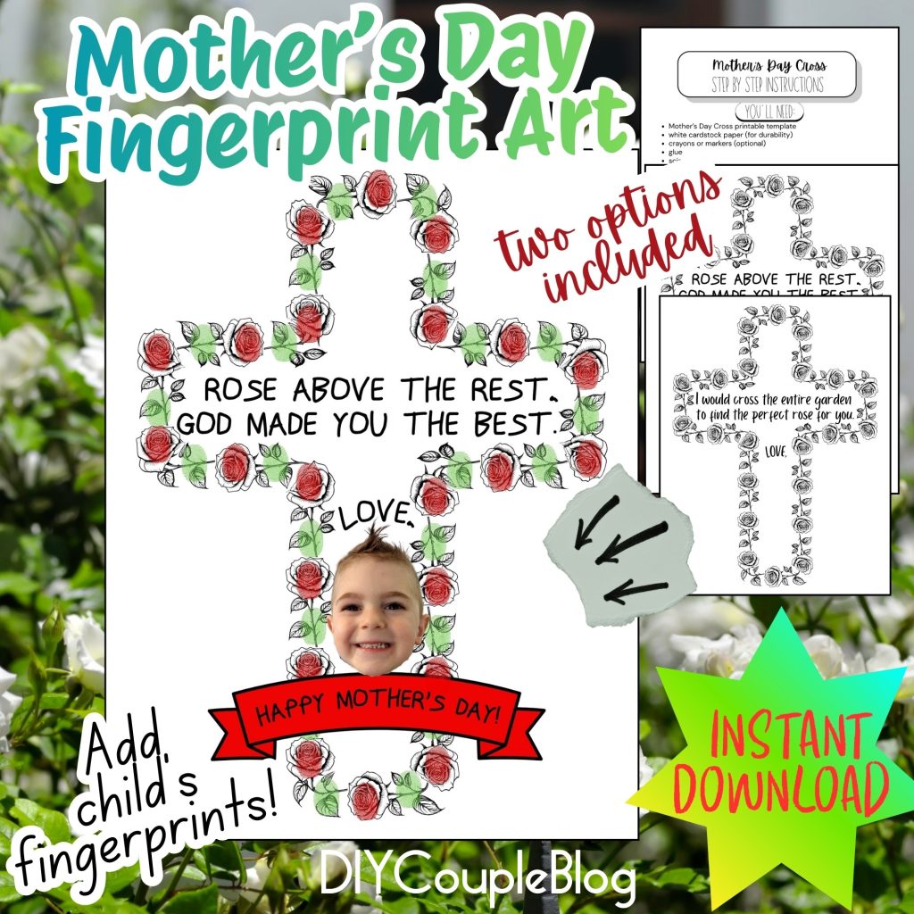 mother's day fingerprint art with child's photo and a cross of roses where the fingerprints go to create a memorable mother's day keepsake
