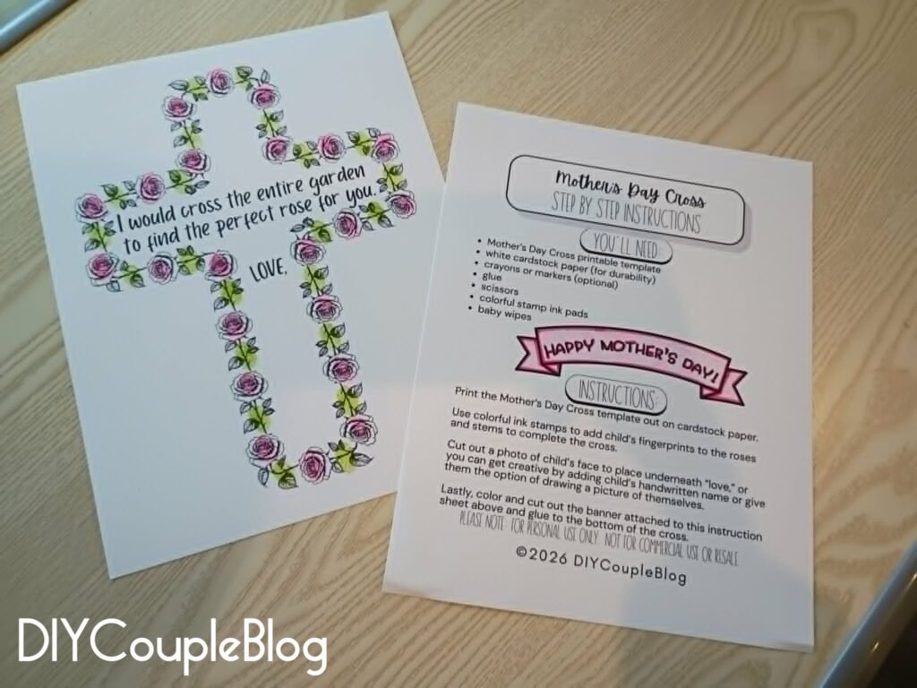 Mother's day rose cross printable with child's fingerprints for a personalized mother's day gift