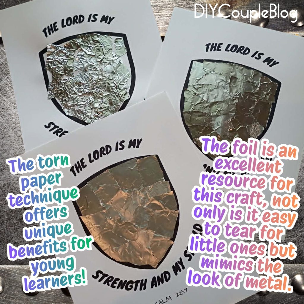 bible craft for Sunday school featuring a shield of faith with aluminum foil to make a fun and engaging activity for toddlers and preschoolers to tear the paper