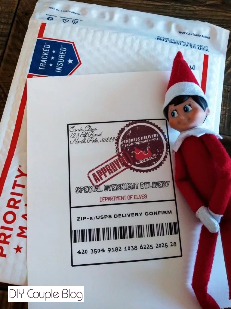 scout elf lying next to printable shipping label 
