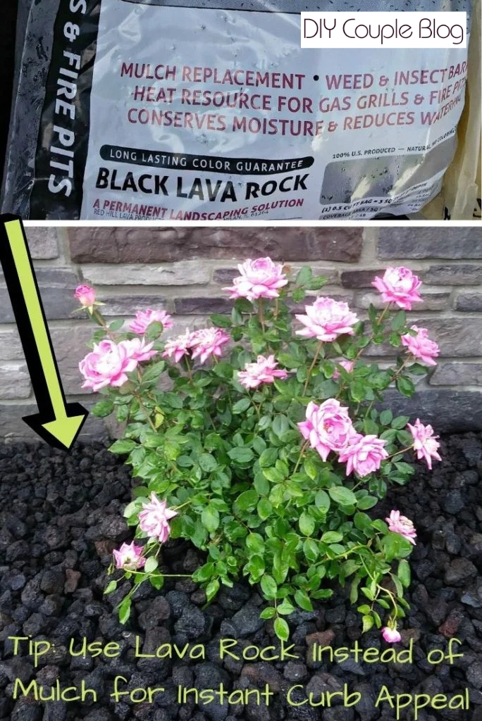 replacing traditional wood chip mulch with black lava rock for overall curb appeal and a low-maintenance bed 