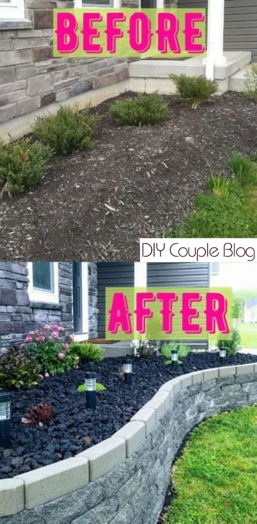 beautiful flower bed transformation featuring black lava rock