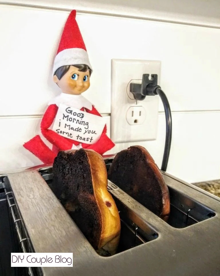 breakfast idea meant to make the kids laugh, where the elf on the shelf burns the kids breakfast!