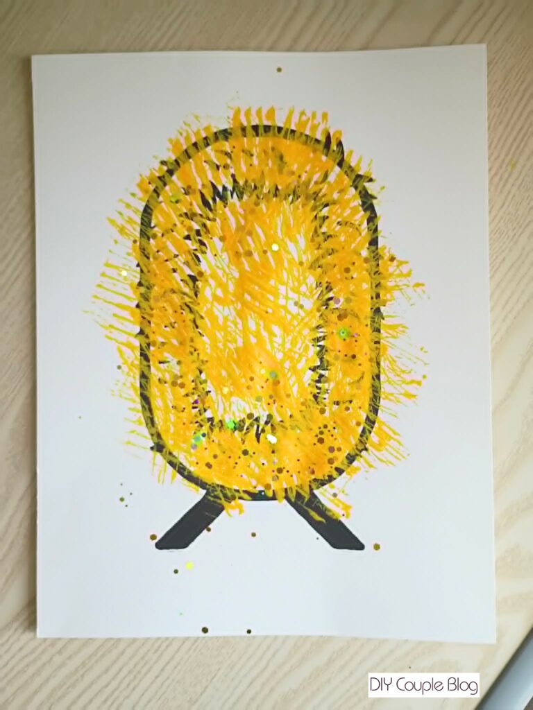 fork painted yellow straw manger scene with glitter 
