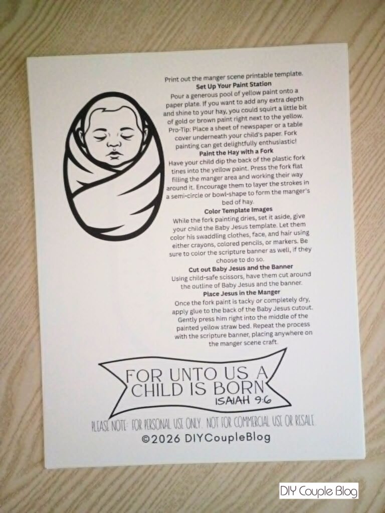 free printable baby Jesus, scripture banner and instructions 