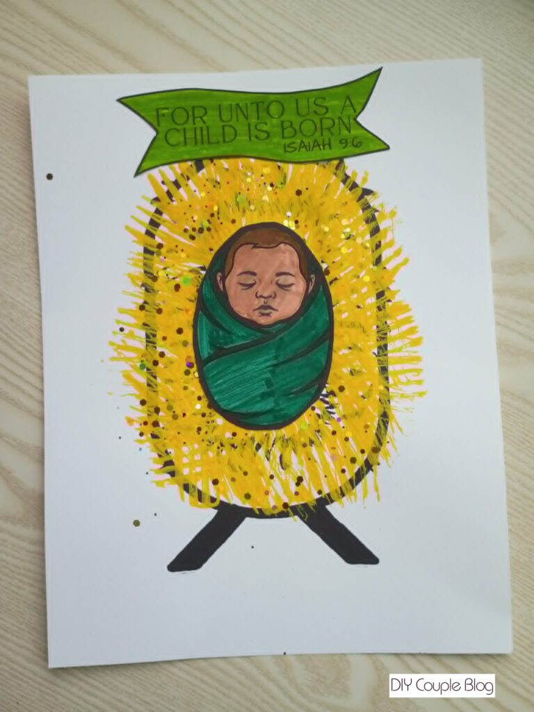 printable manger scene craft with fork-painted "hay"